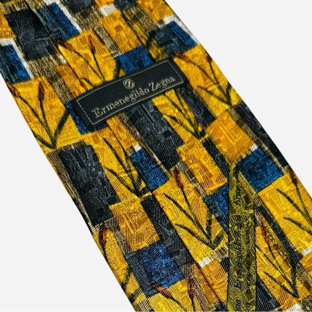 Ermenegildo Zegna Tie Silk Italy Made Cat Tail Prairie Formal Event Gold Nature